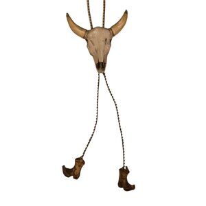 Cowboy Longhorn Skull Bolo Tie Carved Wooden Boots Signed OOAK Necklace Western
